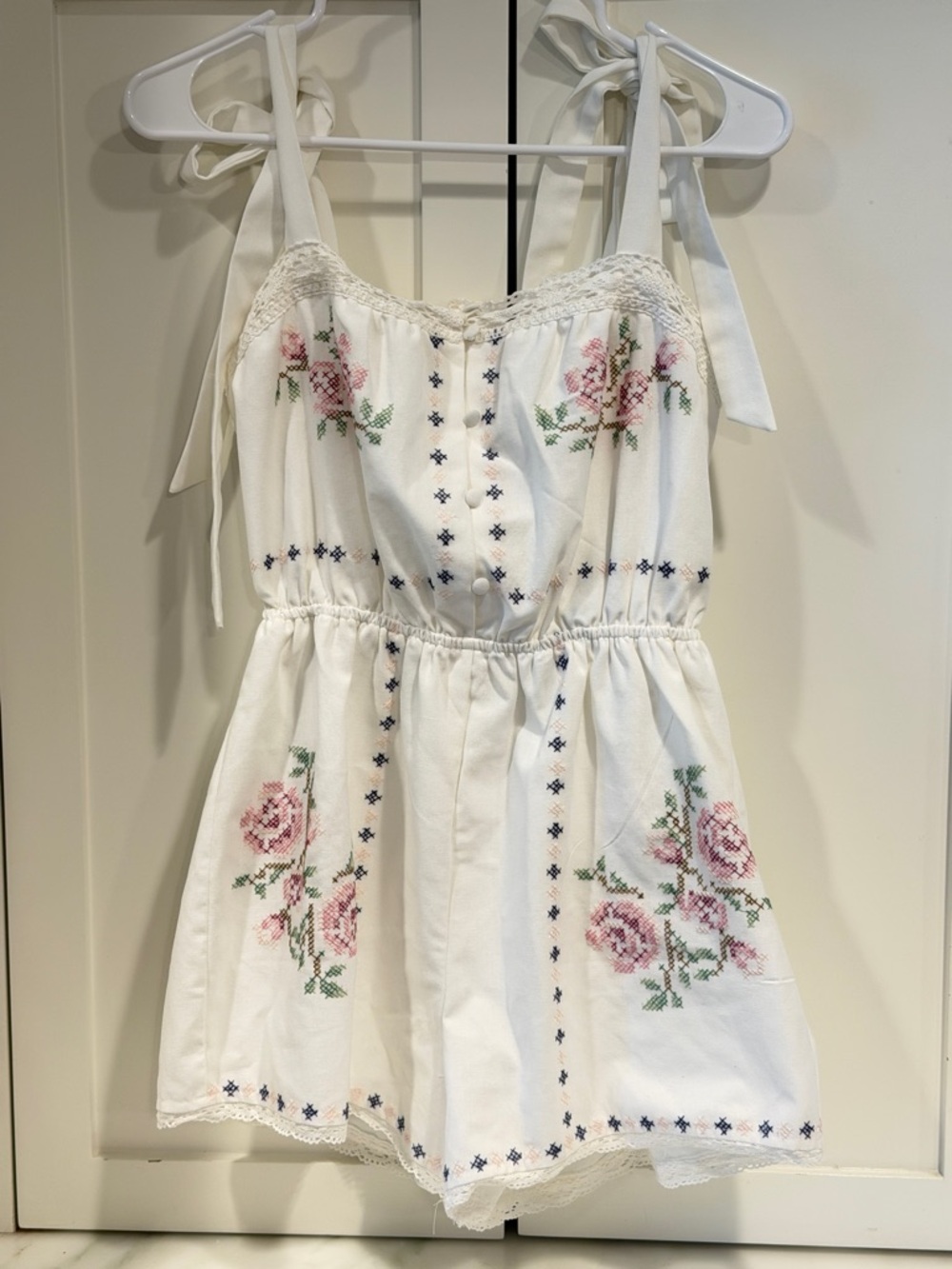 White Tie-Shoulder Romper with Pink Rose Embroidery